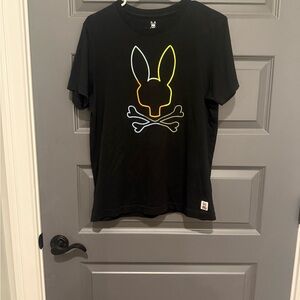 Psycho Bunny Black Tee with Neon Bunny Skull